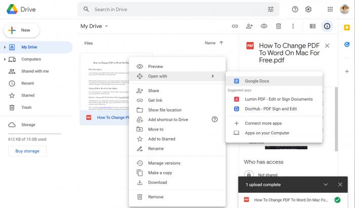 Change PDF to Word Document On Mac With Google Doc step 3